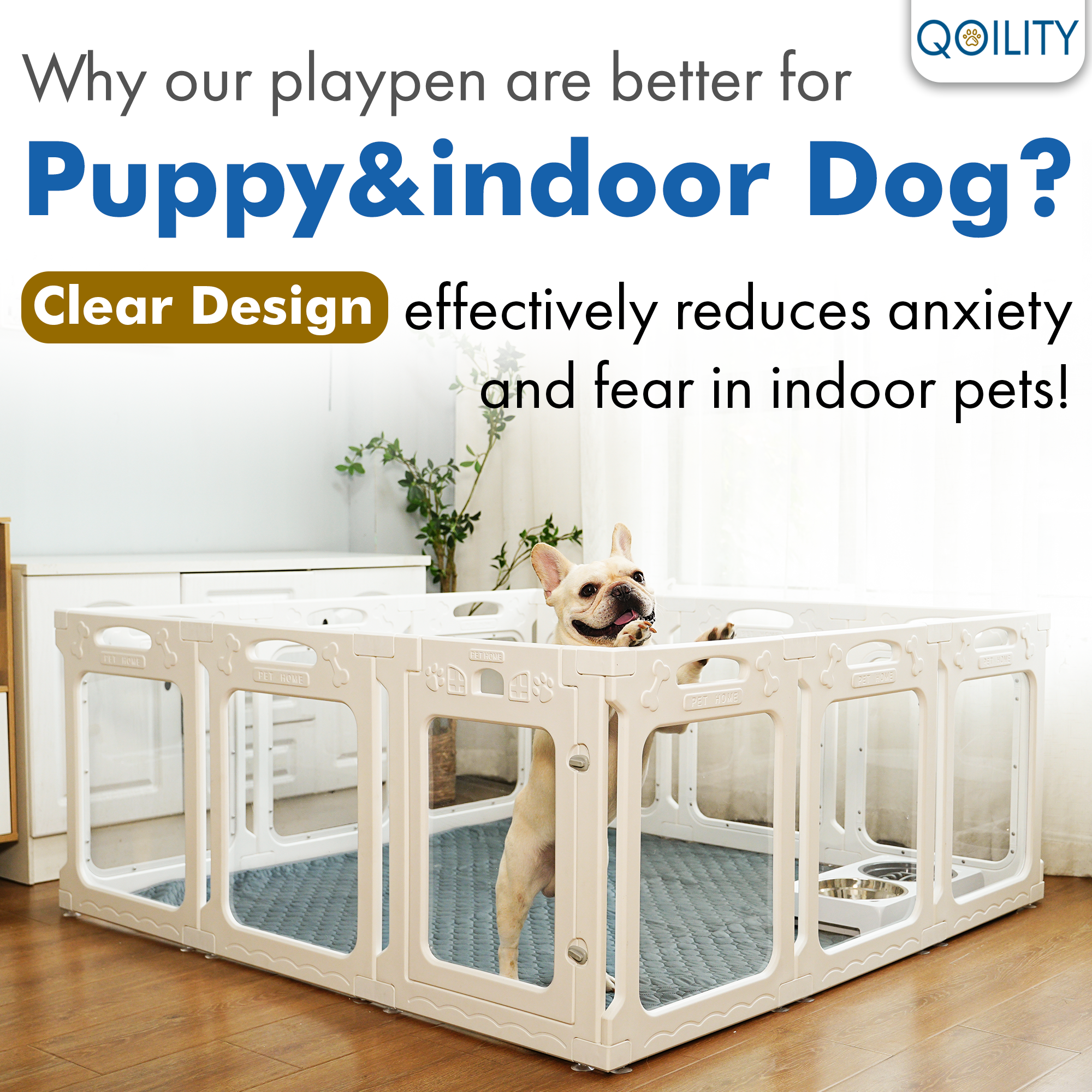 Clear Dog Playpen with Door - Height 24 Inch, 8 Panels - Reduces Indoor Puppy/Small Dog Anxiety, Black