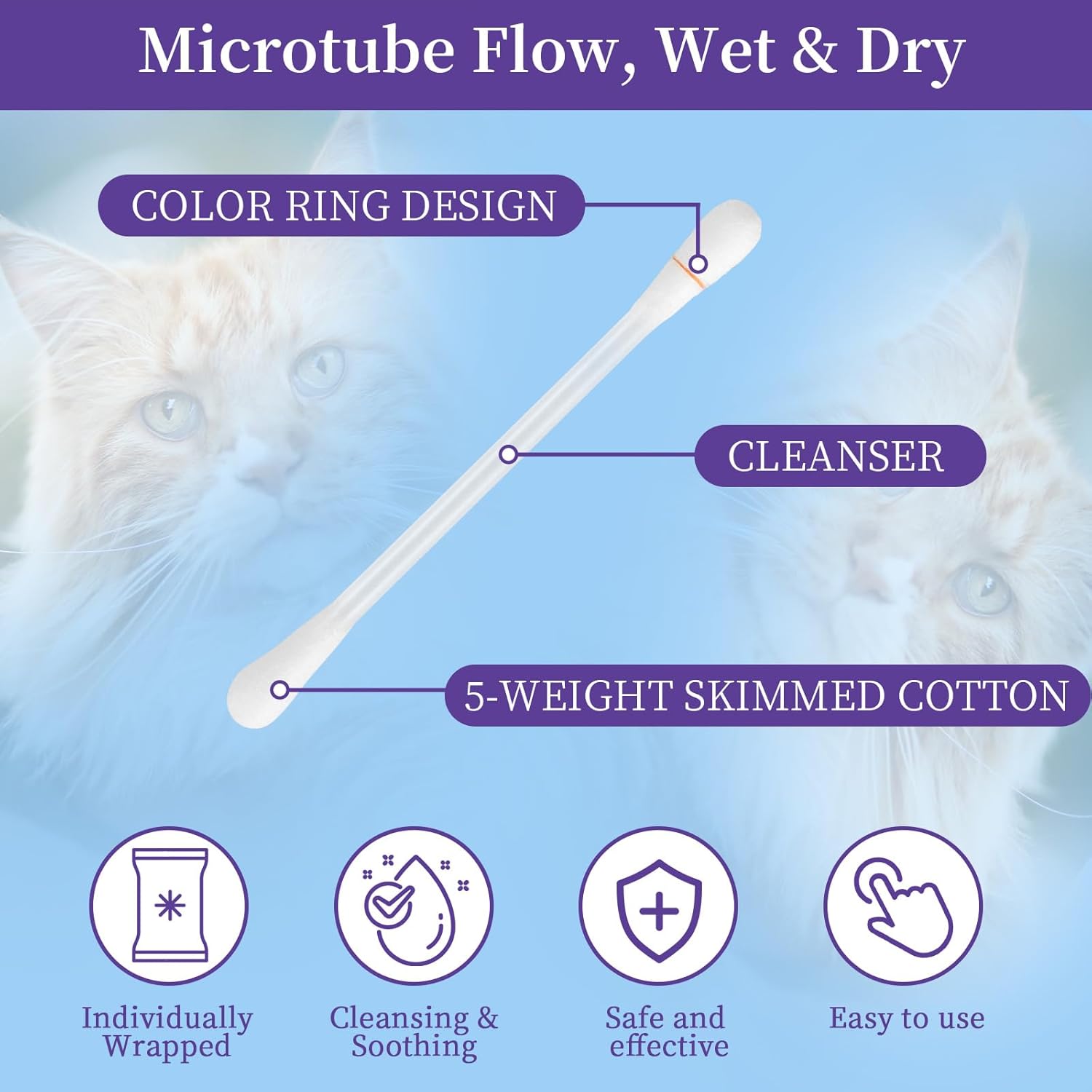 2-in-1 Cat Ear Cleaning Liquid Swabs - Cat Ear Cleaner Solution - Gentle & Effective Ear Care - for Daily Ear Cleaning Removes Wax, Dirt, & Odor