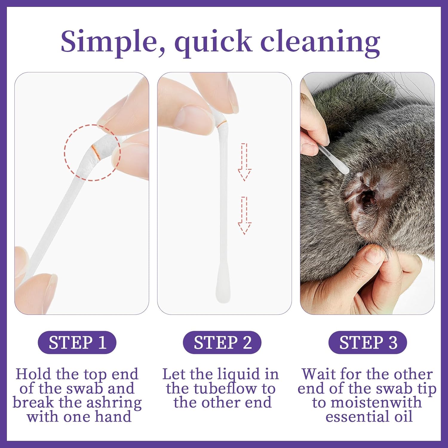 2-in-1 Cat Ear Cleaning Liquid Swabs - Cat Ear Cleaner Solution - Gentle & Effective Ear Care - for Daily Ear Cleaning Removes Wax, Dirt, & Odor
